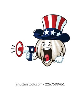 vector cartoon, character, and mascot of a garlic wearing american hat and holding megaphone.