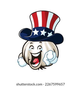 vector cartoon, character, and mascot of a garlic wearing american hat with laugh expression.