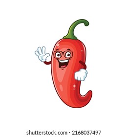 vector cartoon, character, and mascot of a geek chili with wave hand.