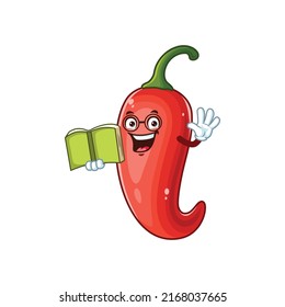 vector cartoon, character, and mascot of a geek chili holding a book with wave hand.