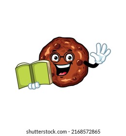 vector cartoon, character, and mascot of a geek chocolate chip cookies holding a book.