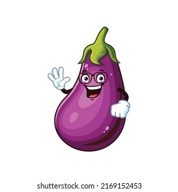 vector cartoon, character, and mascot of a geek eggplant with thumbs up hand.