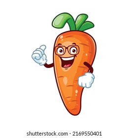 vector cartoon, character, and mascot of a geek carrot with thumbs up hand.