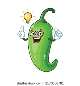vector cartoon, character, and mascot of a geek green chili get an idea.