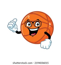 vector cartoon, character, and mascot of a geek basketball with thumbs up hand.