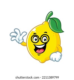 vector cartoon, character, and mascot of a geek lemon holding with wave hand.