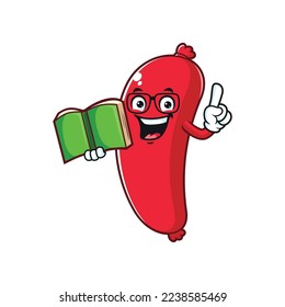 vector cartoon, character, and mascot of a geek sausage holding a book.