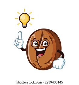 vector cartoon, character, and mascot of a geek coffee bean get an idea.