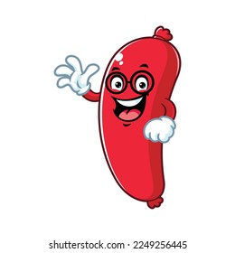 vector cartoon, character, and mascot of a geek sausage with wave hand.