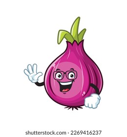vector cartoon, character, and mascot of a geek red onion with wave hand.