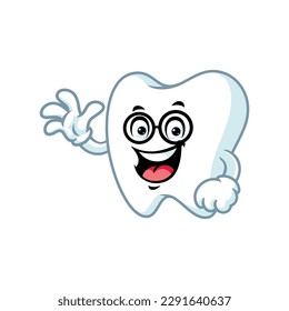 vector cartoon, character, and mascot of a geek tooth with wave hand.