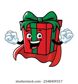 vector cartoon, character, and mascot of a gift box superhero.
