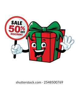 Vector de dibujos animados, personaje y mascota de una caja de regalo con letrero de descuento.