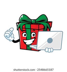 vector cartoon, character, and mascot of a gift box holding laptop.