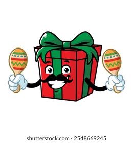 vector cartoon, character, and mascot of a gift box holding maracas.