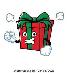 Vektorcartoon, Charakter und Maskottchen einer Geschenkbox mit wütendem Ausdrucksgesicht.