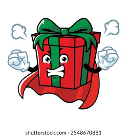 vector cartoon, character, and mascot of a gift box superhero with angry face.