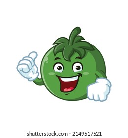 vector cartoon character, mascot of green tomato with thumbs up hand