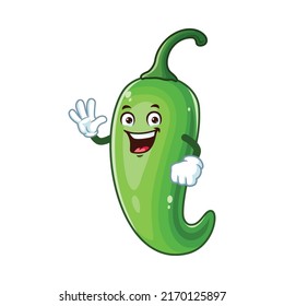 vector cartoon, character, and mascot of a green chili with wave hand.