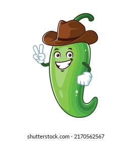 vector cartoon, character, and mascot of a green chili wearing cowboy hat.