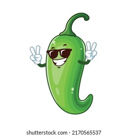 vector cartoon, character, and mascot of a green chili wearing black eyeglasses.