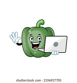 dibujos animados vectoriales, personajes y mascota de una paprika verde sosteniendo una laptop.