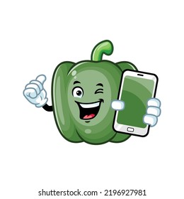 vector cartoon, character, and mascot of a green paprika holding smartphone.