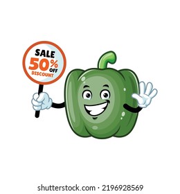 vector cartoon, character, and mascot of a green paprika holding discount signboard.