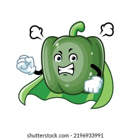vector cartoon, character, and mascot of a green paprika superhero with angry face.