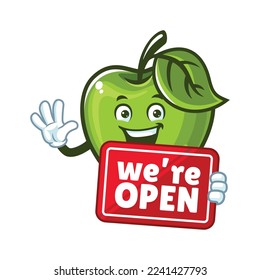 vector cartoon, character, and mascot of a Green Apple holding open signboard.