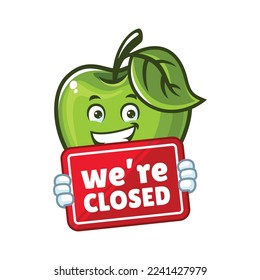 vector cartoon, character, and mascot of a Green Apple holding closed signboard.
