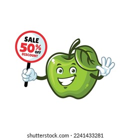 vector cartoon, character, and mascot of a Green Apple holding discount signboard.