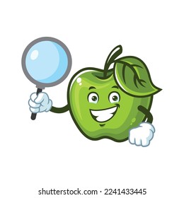 vector cartoon, character, and mascot of a Green Apple holding loupe.