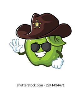 caricatura vectorial, personaje y mascota de una manzana verde usando sombrero sheriff.