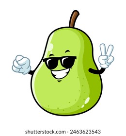 vector cartoon, character, and mascot of a green pear wearing black eyeglasses.