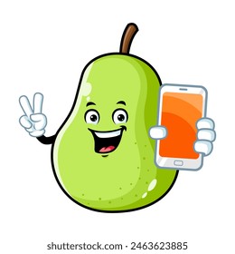 Vektorgrafik Cartoon, Charakter und Maskottchen einer grünen Birne mit Smartphone.