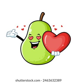 vector cartoon, character, and mascot of a green pear holding heart in love.