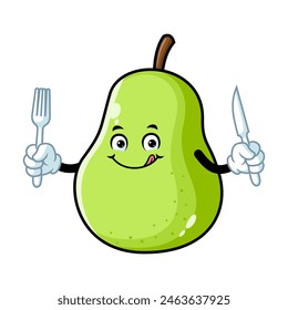 vector cartoon, character, and mascot of a green pear holding fork and knife.