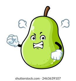 Caricatura de Vector, personaje y mascota de una pera verde con cara de expresión enojada.