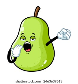 vector cartoon, character, and mascot of a green pear with yawning expression face.