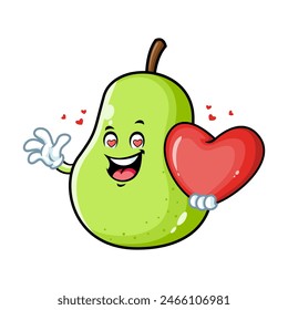 vector cartoon, character, and mascot of a green pear holding heart in love.