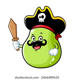 vector cartoon, character, and mascot of a green pear wearing pirates costume.