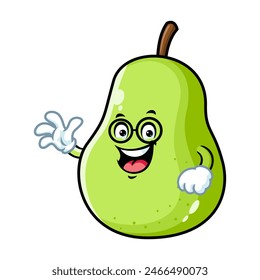 vector cartoon, character, and mascot of a green pear wearing eyeglasses.