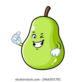 vector cartoon, character, and mascot of a green pear with thumbs up hand.
