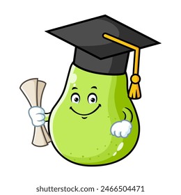 vector cartoon, character, and mascot of a green pear wearing graduation hat.