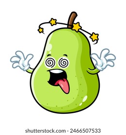 vector cartoon, character, and mascot of a green pear with dizzy expression face.