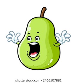 vector cartoon, character, and mascot of a green pear with surprised expression face.