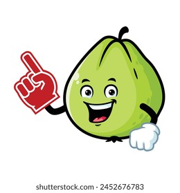 Caricatura de Vector, personaje y mascota de una guayaba usando espuma de dedos.