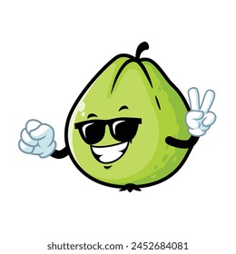 vector cartoon, character, and mascot of a guava wearing black eyeglasses.