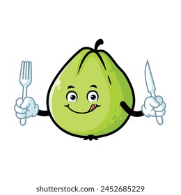 vector cartoon, character, and mascot of a guava holding fork and knife.